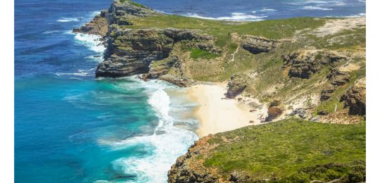 Dias Beach view from the cliffs of Cape Point in Cape of Good Hope, South Africa. Cape of Good Hope, the most south-western point of the African Continent.